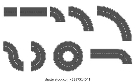 Conjunto de trozo de camino gris con línea rota en el medio aislado en blanco. Constructor de carretera. Vector clipart.