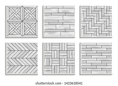 Set of gray seamless parquet textures. Black-and-white patterns of wood materials
