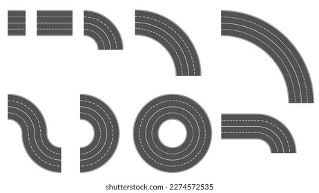 Set of gray section of road with four lanes separated by dashed line and solid line in the middle isolated on white. Road constructor. Clipart.