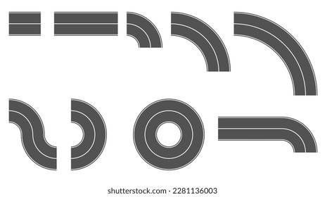 Set of gray sections of road with solid line in the middle isolated on white. Road constructor. Vector clipart.