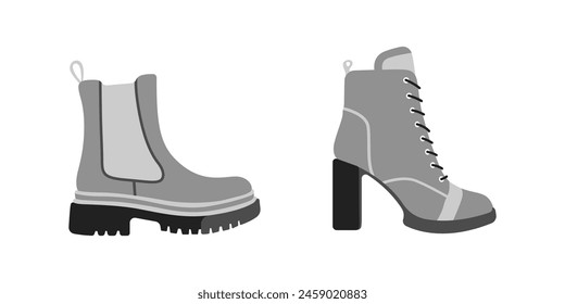 A set of gray shoes. Women shoes isolated on a white background. Fashion shoes vector. Shoe logo. Set of high winter shoes vector. Vector illustration.