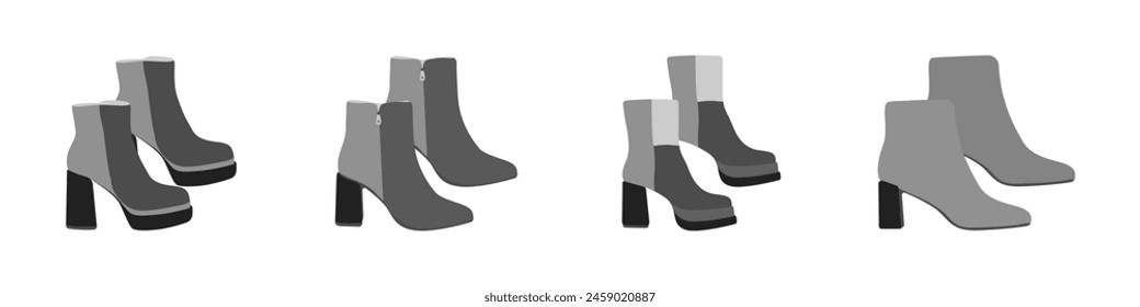 A set of gray shoes. Women shoes isolated on a white background. Fashion shoes vector. Shoe logo. Set of high winter shoes vector. Vector illustration.