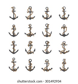 Set of gray silhouettes of anchor with rope and isolated on a white background.