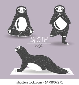 Set of gray sloths doing yoga on a lilac background in the Scandinavian style