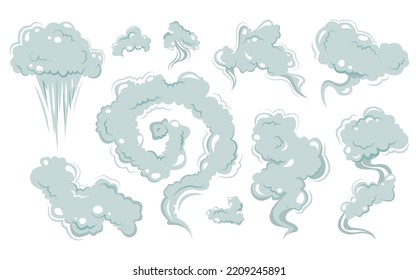 Set of gray smoke in cartoon style. Vector illustration of smoke or fog of various shapes on white background.