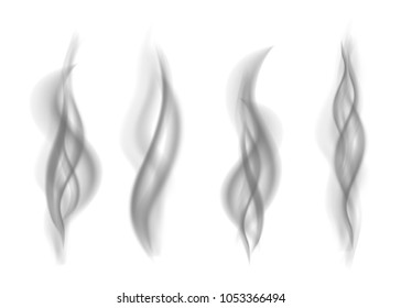 Set of gray  smoke isolated on white  background. Dark steam.  Realistic  smog vector texture.