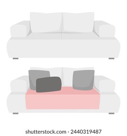 Set of gray sofas empty and with pillows and blanket