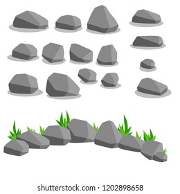 Set of gray stones. Cobblestones and gravel. Building material. Element surrounded by forests, mountains, nature and caves. Rock formation.
