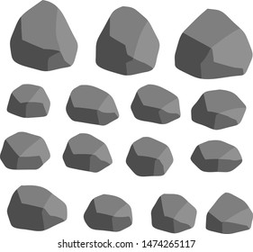 Set of gray stones. Cobblestones and gravel. Building material. Element surrounded by forests, mountains, nature and caves. Rock formation.