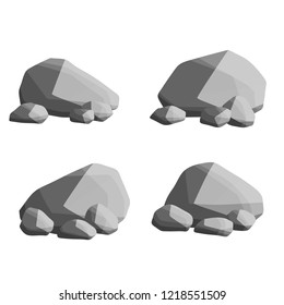Set of gray stones. Element of environment of nature, mountains and forests. Cobblestones and rocks. Cartoon illustration