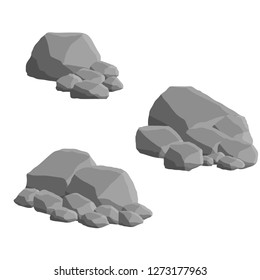 Set of gray stones. Element of forests, nature, mountains and caves. The barrier of Rock blocks and boulders. Building material. Part of the fence.