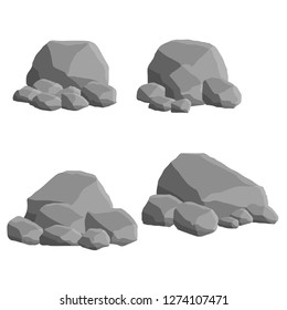 Set of gray stones. Element of forests, nature, mountains and caves. The barrier of Rock blocks and boulders. Building material. Part of the fence.