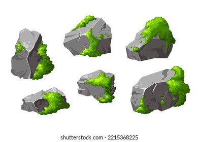 Set Gray Stones With Green Moss . Element Of Forest, Nature Montain Rock. Boulder Game Sign For Design. Vector Illustration Isolated On White Background.