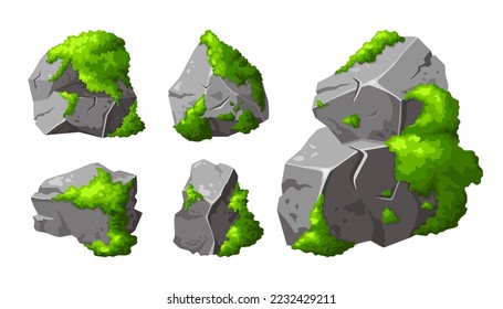 Graue Steine mit grünem Moos setzen. Element des Waldes, Naturmontain Felsen. Boulder-Spielzeichen für Design. Vektorgrafik einzeln auf weißem Hintergrund.