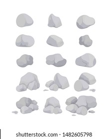 Set of gray stones of various shapes. Natural stone rocks stone pile for mountain landscape. Vector 