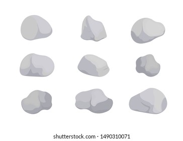 Set of gray stones of various shapes. Granite large and small rocky gravel and boulders vector color collection of illustrations.