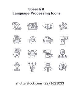 Set of gray style vector line icons related to the field of computational linguistics, human language technology, language engineering icon, text analytics, and text mining.