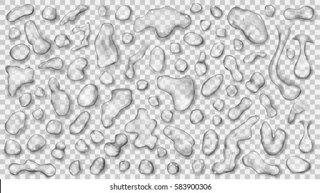 Set of gray translucent drops of different shapes with shadows, isolated on transparent background. Transparency only in vector file