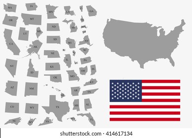 Set  of gray USA states on white background - vector illustration. Simple flat map - United States. USA flag, general map and all states individually.