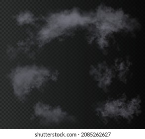 Set of the gray vector realistic clouds isolated on dark transparent background. Best of all useful for night sky or another dark backdrop.