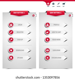 set of gray web buttons containing ten different web icons in circle frames, gray arrow signs, stainless steel background, eps10 vector illustration