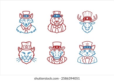 Set of Gray wolf, grizzly bear, moose, mountain lion, american alligator, raccoon with wearing uncle Sam hat on white background.