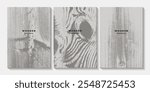 Set of gray wooden textures. Eco concept background with wood annual rings texture. Banner with tree ring pattern. Stamp of tree trunk. Templates with wooden concentric circles. Pattern of wood board