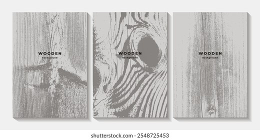 Set of gray wooden textures. Eco concept background with wood annual rings texture. Banner with tree ring pattern. Stamp of tree trunk. Templates with wooden concentric circles. Pattern of wood board