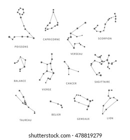 Set of gray zodiac constellations on white background
