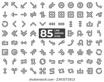 A set of gray-black two-line arrow symbol icon set in pixel perfect for directions and user interface as well as for traffic signs. This includes forward, back, turn, reverse, rewind, up and down.
