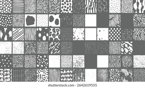 set of grayscale abstract seamless patterns arranged in a grid monochrome textures various geometric and organic shapes