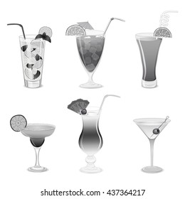 Set of grayscale cocktails isolated on white background