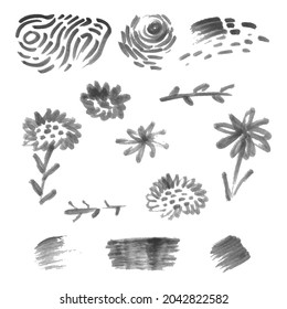 Set of grayscale marker brush scribbles, flowers. Vector hand drawings with design elements for posters, logos, brushes, advertising, templates, patterns, banners, icons. White isolated background. 