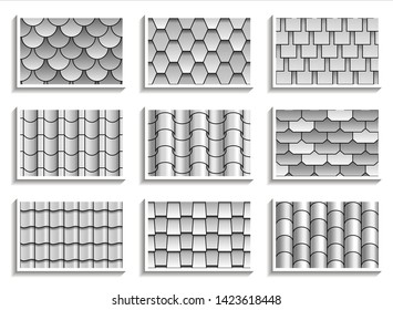 Set of grayscale seamless roof tiles textures. Black-and-white graphic patterns of rooftop materials