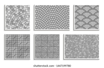 Set of grayscale seamless round pavement textures. Vector repeating patterns of radial stone material