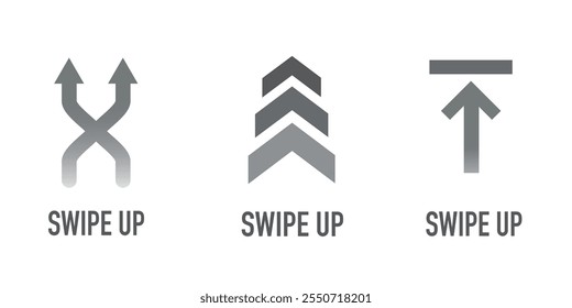 Set of grayscale "Swipe Up" arrow icons with various designs, isolated on a white background.