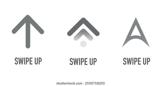 Conjunto de iconos de flecha de escala de grises "Swipe Up" con varios diseños, aislados sobre un fondo blanco.