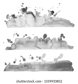 Set of grayscale watercolor stains on wet paper. Watercolor gradient blur