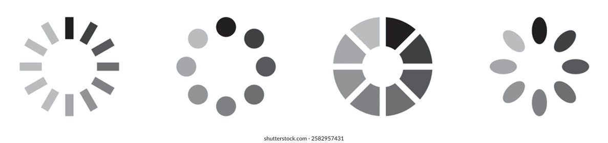 Set of grayscales loading icons in circular motion, minimal spinner designs for UI and app interfaces, buffering indicators, simple preloader symbols, clean and modern animation elements. Icons.