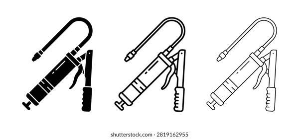 Set of grease gun icons in solid and line art styles for mechanical maintenance and repair work
