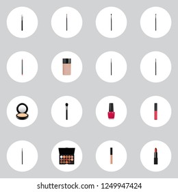 Set of greasepaint realistic symbols with concealer, eye paintbrush, eyeshadow set and other icons for your web mobile app logo design.