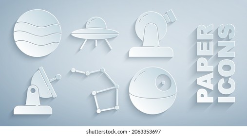 Set Great Bear constellation, Astronomical observatory, Satellite dish, Death star, UFO flying spaceship and Planet icon. Vector