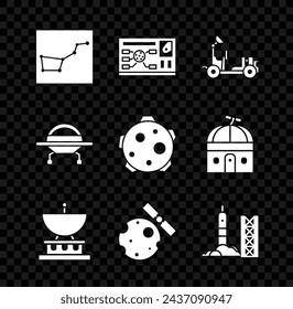 Set Great Bear constellation, Futuristic hud interface, Mars rover, Satellite dish, Satellites orbiting the planet Earth, Rocket launch from spaceport, UFO flying spaceship and Planet icon. Vector