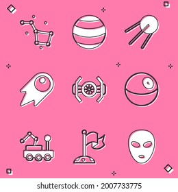Set Great Bear constellation, Planet, Satellite, Comet falling down fast, Cosmic ship, Mars rover and Moon with flag icon. Vector