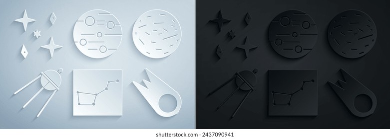 Set Great Bear constellation, Planet Venus, Satellite, Comet falling down fast, Mars and Falling stars icon. Vector