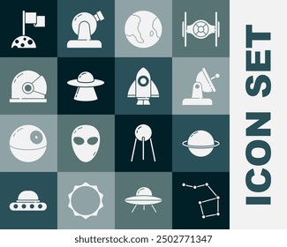 Set Great Bear constellation, Planet Saturn, Satellite dish, Earth globe, UFO flying spaceship, Astronaut helmet, Moon with flag and Rocket icon. Vector