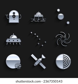Set Great Bear constellation, Satellite, Earth structure, Black hole, Planet, UFO flying spaceship, Solar system and Alien icon. Vector
