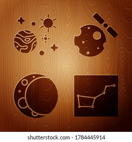 Set Great Bear constellation, Space and planet, Moon and Satellites orbiting the planet Earth on wooden background. Vector