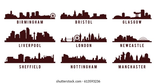 set of Great Britain big cities skyline silhouette