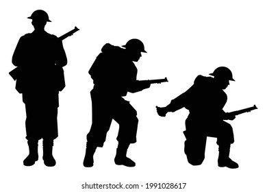 Set Of Great British Soldiers With A Rifle Weapon During World War 2 Silhouette Vector On White Background